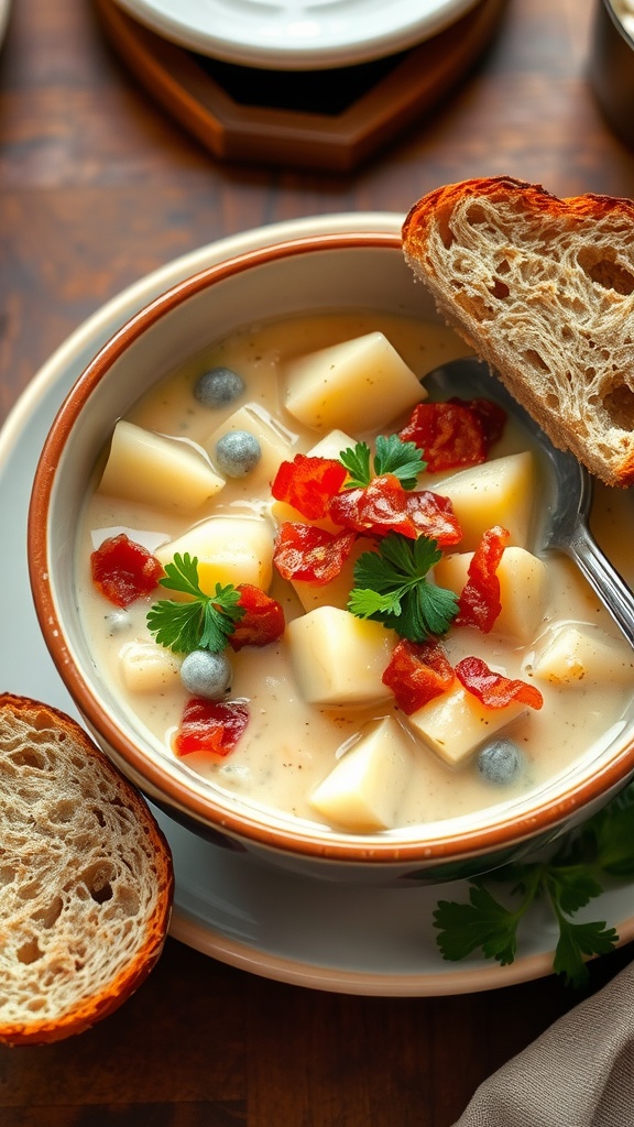 Creamy clam chowder with potatoes and bacon in a bowl, garnished with parsley, on a rustic table with bread.